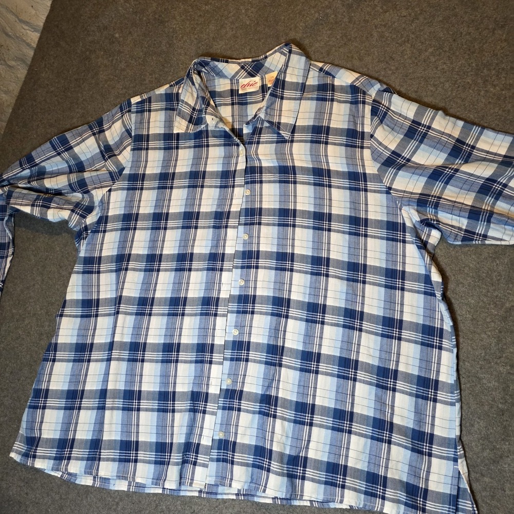 Chic Men's 2X Blue White Plaid Long Sleeve Cotton Blend Button-Up Shirt